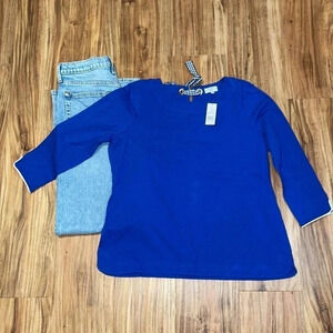 Crown and Ivy womens shirt XL PETITE top Blouse blue ribbon tie 3/4 sleeeve nwt